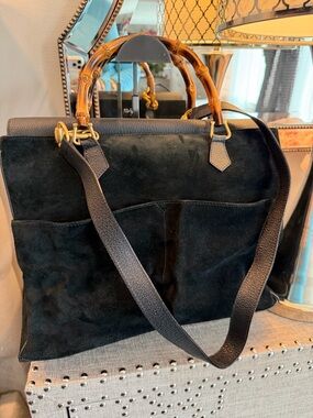 Gucci Black Suede Bag with Bamboo Top Handles - Authentic Vintage